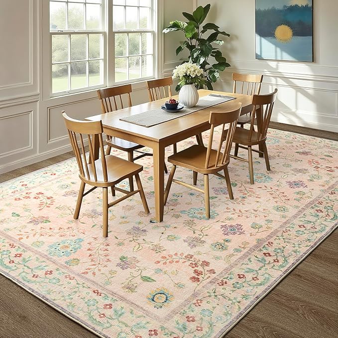 LOCHAS Washable Area Rugs 8x10, Pink Floral Rug for Living Room Bedroom Non Slip, Ultra Soft Vintage Indoor Carpet for Kids, Nursery, Dorm, Dining Room, Classroom, Boho Flower Home Decor, Low-Pile