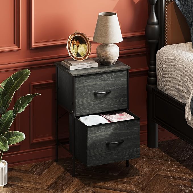 WLIVE Nightstand, Nightstand with 2 Drawers, Bedside Furniture, Night Stand, Small Dresser for Bedroom, College Dorm, End Table with Fabric Bins, Dormitory, Charcoal Black Wood Grain Print, Size L