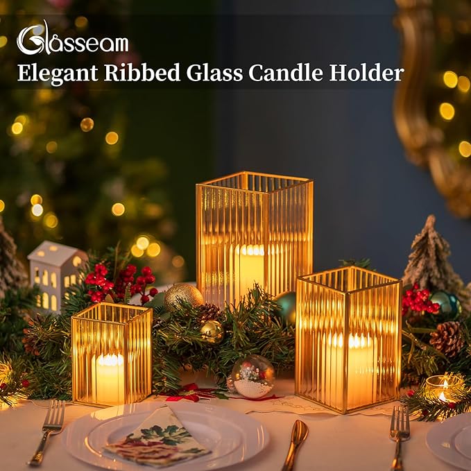 Glasseam Hurricane Glass Candle Holder: Ribbed Gold Pillar Candle Holders Set of 3 Square Metal Candle Holders for Table Centerpiece Modern Small Lanterns Decorative Indoor for Christmas Wedding Decor