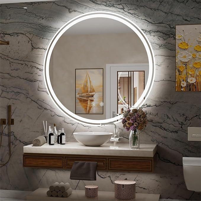 32 Inch Frameless Round Lighted Bathroom Mirror with Front & Backlit - 6000K Daylight, Dimmable, Anti-Fog, CRI 90+, 5mm HD LED Mirror