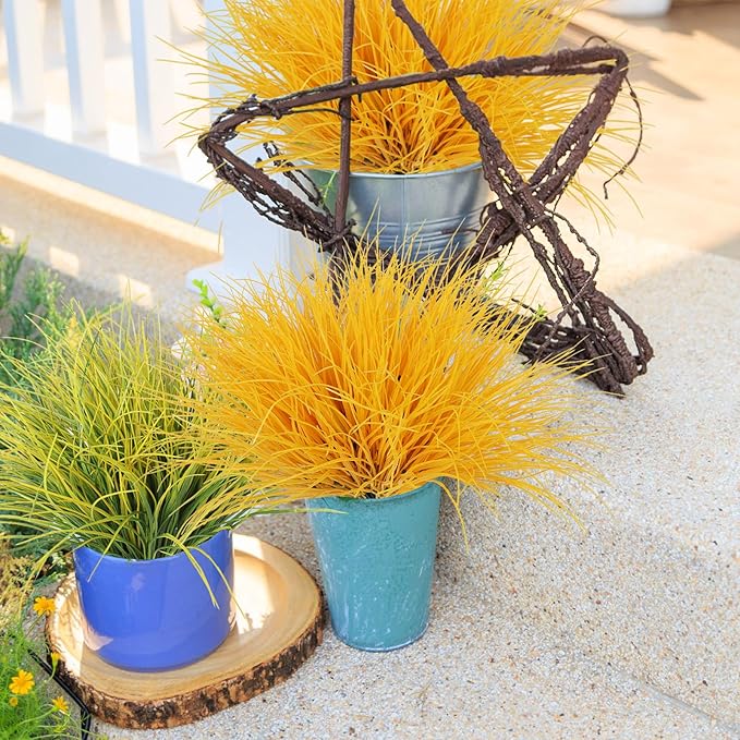RECUTMS Artificial Grasses Outdoor Plants Tall Grass Spring Fake Grass Plant Plastic Artificial Shrubs for Planters Wedding Indoor Outside Garden Porch Home Office Window Box Decor(Pure Yellow)
