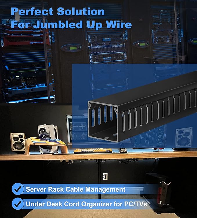 ZhiYo 2 x 2in Professional Server Rack Cable Management Raceway, 99in (6X L16.5in) Cable Raceway Kit, Electrically Safe PVC Open Slot Wire Raceway for Under Desk/Computer/Network Cords, Black