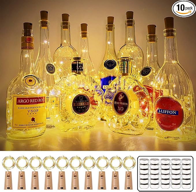 MUMUXI 10 Pack Bottle Lights with Cork Switch, 3.3ft 20 LED Warm White String Lights, Universal Fit for Wine and Liquor Bottles, Ideal for Christmas, Indoor and Outdoor Decoration, Easy to Use