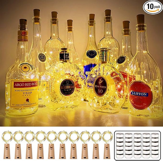 MUMUXI 10 Pack Bottle Lights with Cork Switch, 3.3ft 20 LED Warm White String Lights, Universal Fit for Wine and Liquor Bottles, Ideal for Christmas, Indoor and Outdoor Decoration, Easy to Use