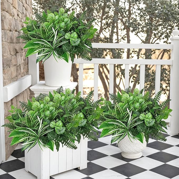 18PCS Artificial Plants Outdoor UV Resistant Fake Plants Stem Faux Greenery Plastic Plants Bushes for Garden Patio Porch Window Box Home Wedding Decor(Greenery, 18PCS)