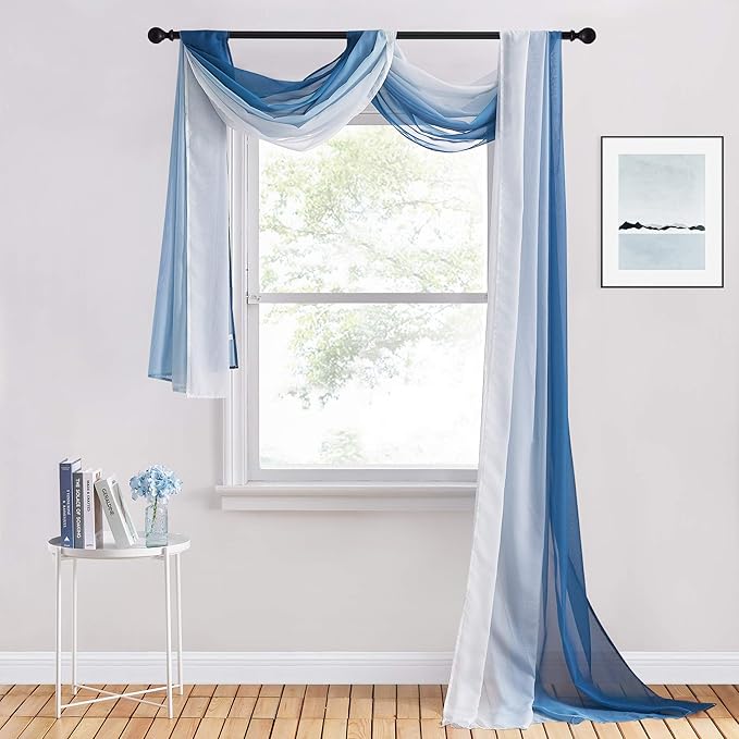 NICETOWN Navy Blue Ombre Sheer Scarf Curtains Valances, Elegant Backdrop Voile Texture for Indoor Outdoor Wedding Ceremony/Party/Pergola Canopy, Set of 2, W60 x L216