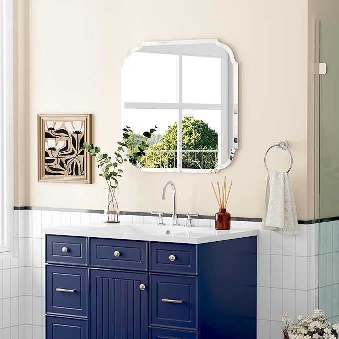 Silver Wall Mirror-Beveled Edge Frameless Mirror for Bathroom, Vanity, Bedroom, Rectangle Mirrors（24X24inch）