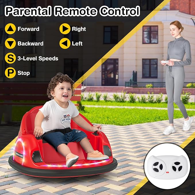GLACER 12V Bumper Car, Electric Kids Bumper Car w/Parental Remote, 3-Speed, 360°Spin, Music, LED Light, Battery Ride on Bumper Car w/Dual Joysticks, Baby Bumper Car for Toddlers 18 Months+ (Red)