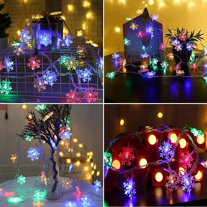 BrizLabs Colored Snowflake Lights, 40 LED 16.08ft Snow Flake Christmas Lights with Remote, 8 Modes LED String Lights Waterproof, Dimmable Battery Xmas Lights for Indoor Outdoor Christmas Tree Decor