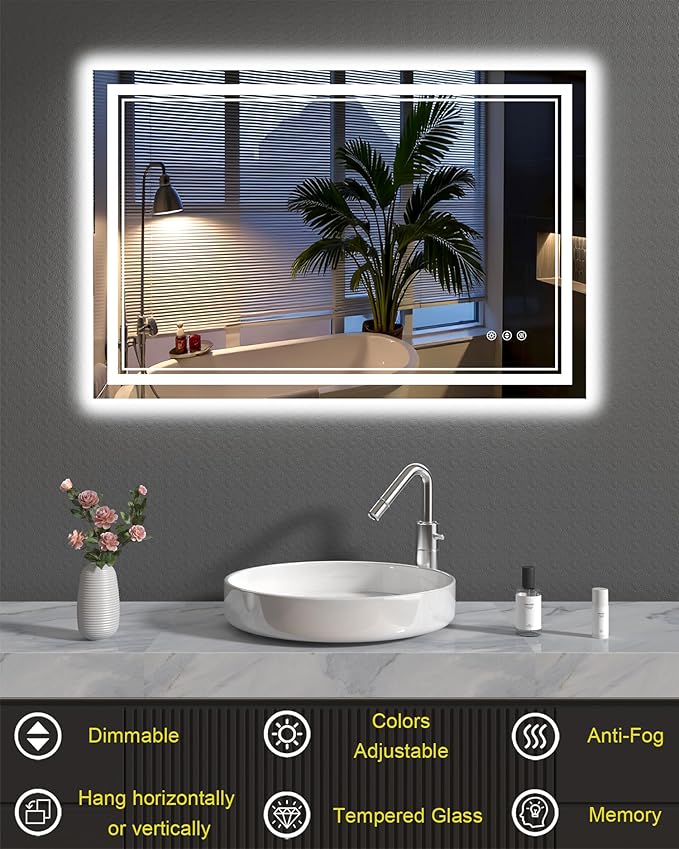 48x32 Inch LED Lighted Bathroom Mirror, Light Up Bathroom Vanity Mirror Unbreakable with 2 Front Lights & Back Lit, 3 Colors Stepless Dimmable, Anti-Fog, Memory Function, Closable Blue Buttons