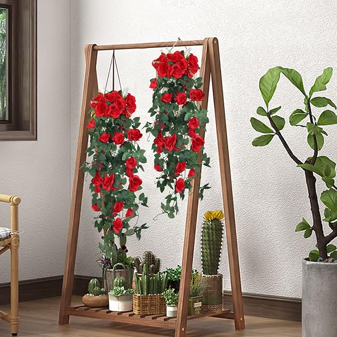 RECUTMS Hanging Flowers Artificial Plants 2PCS 3.3Ft Rose Vine Flower for Home Room Garden Wedding Indoor Outdoor Decoration (Red)