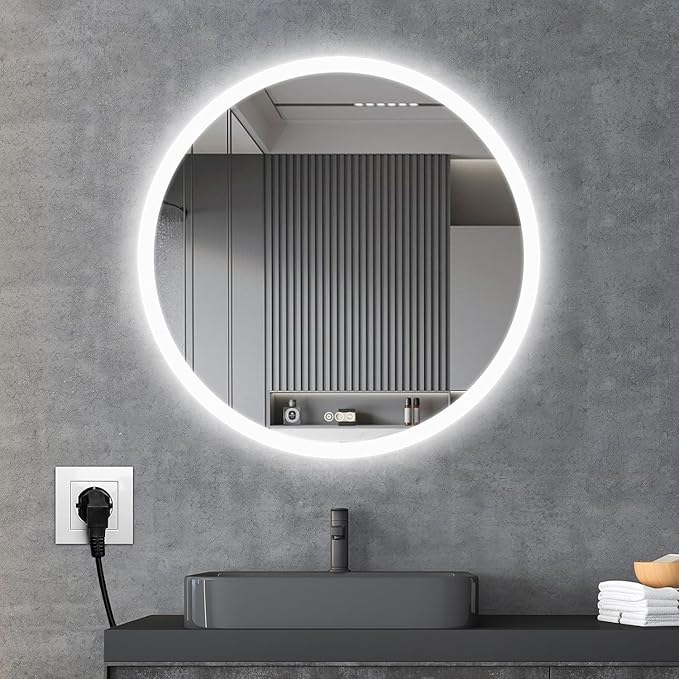 Wall-Mounted LED Round Bathroom Mirror, Makeup Mirror (32 inches x 32 inches,) 3 Color Stepless Dimmable Memory Bathroom Vanity Mirror with Lights CRI90+ 3000-6400K Smart Mirror with Touch