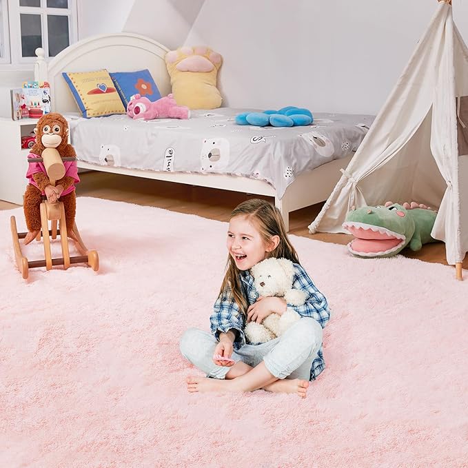Ultra Soft Rug for Living Room, 9X12 Fluffy Shag Area Rug for Bedroom, Modern Shaggy Carpets Fuzzy Rug for Teens Dorm Nursery Home Decor Aesthetic, Upgrade Anti-Skid Durable, Pink