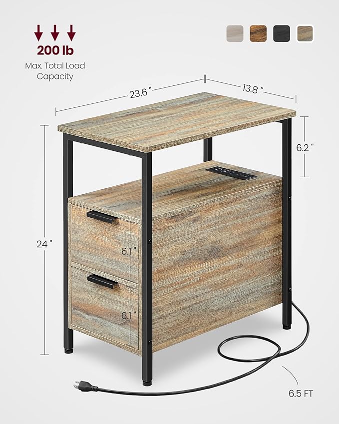 VASAGLE Side End Table with Charging Station, Slim Nightstand with 2 Drawers, Narrow Bedside Table for Living Room, Small Spaces, Turquoise Brown and Ink Black ULET321B60