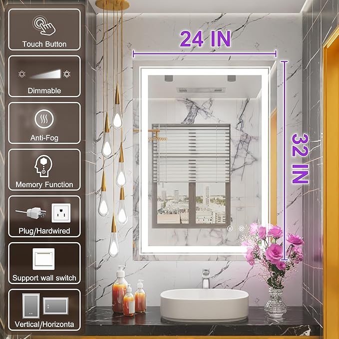 24 x 32 Inch LED Bathroom Mirror with Lights, Lighted Bathroom Vanity Mirrors for Wall, Wall Mounted, Stepless Dimmable, Anti-Fog, Memory Funtion, Horizontal or Vertical
