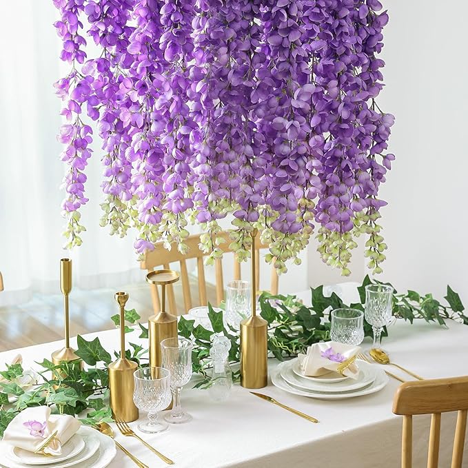 mizii 6Pcs Purple Wisteria Hanging Flowers 48" Silk Wisteria Artificial Flowers Garland Vines Fake Hanging Flowers Decoration for Wedding Flower Wall Backdrop Centerpieces Party Room Decor (Purple)