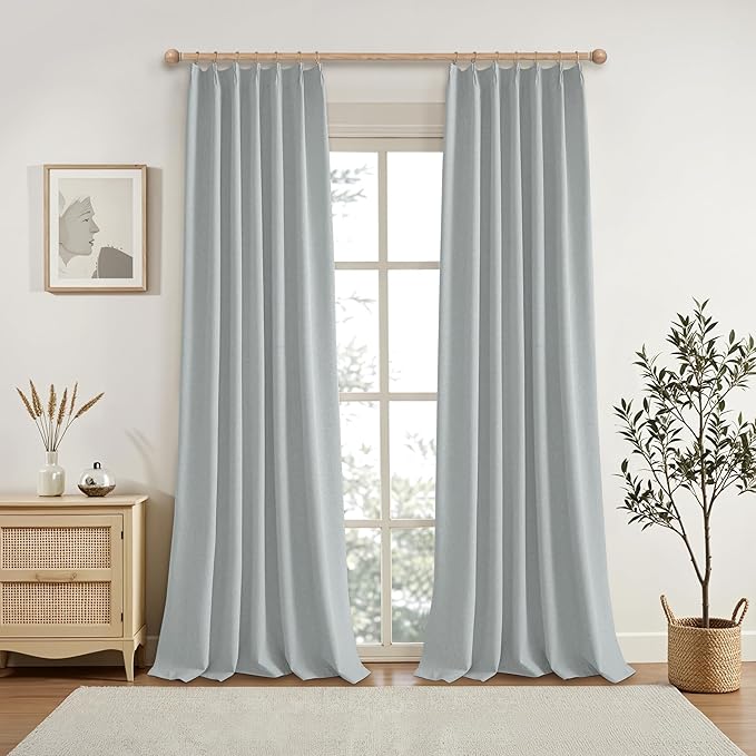 KangBang Pinch Pleated Blackout Curtains 108 Inches Long, 100% Blackout Pleated Linen Drapes for Living Room Hall Windows with Hooks, Soft & Vertical Window Panels(Fog Grey, 42x108 Inch,2 PCs)