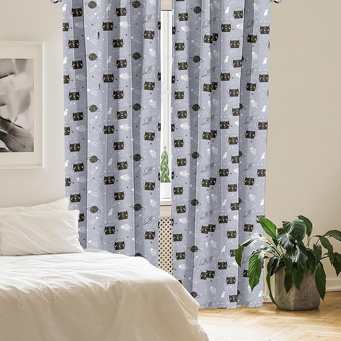 Ambesonne Outer Space Window Curtains, Astronaut Cats Exploring The Universe on Dotted Background, Lightweight Decor 2-Panel Set with Rod Pocket, Pair of - 28" x 84", Purple Grey