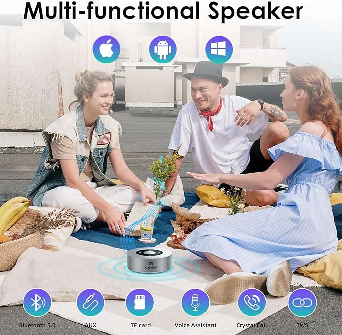 XLEADER Travel Case Packed, Upgraded, Bluetooth Wireless Speaker, Custom Bass Radiator, LED Touch Design, Tiny Pocket Speaker, Mic/TF Card/Aux, 15H Playtime, for Travel Kitchen Office, Space Silver