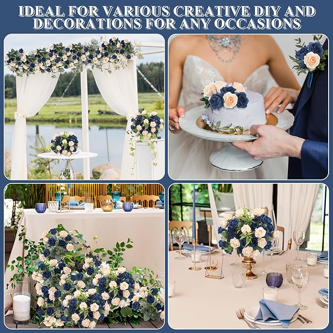 Zeyune 8 Pack 12 Inch Wedding Bouquets for Bride Bridesmaid Dark Blue and Champagne Artificial Rose Bouquet Fake Silk Roses Flowers Bunches Bulk for Home Office Garden Parties Decoration