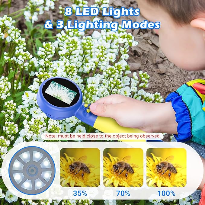 2 in 1 Kids Microscope with Bug Catcher,HD 500X Digital Microscope for Kids with 2" Screen,Photo and Video,STEM Educational Science Kit Learning Toys for Age 3-12 Girls & Boys Birthday Gifts (Blue)
