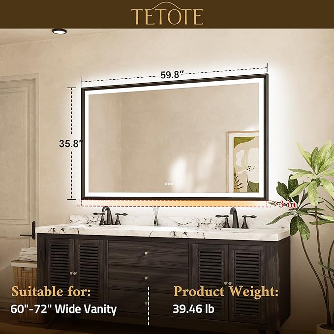 TETOTE 60x36 LED Bathroom Mirror with Lights Gold Frame Frontlit & Backlit Lighted Vanity Mirror Baroque Anti Fog Dimmable White/Warm/Natural,CRI90+,Waterproof,Wall Mounted(Horizontal/Vertical)