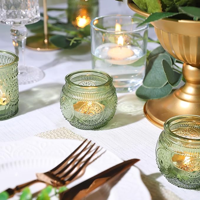 12pcs Assorted Green Votive Candle Holders for Wedding Table Decorations, Glass Tea Lights Candle Holder for Bridal Shower, Baby Shower Decrations, Boho Tea Party Decor, Wedding Party Gifts for Guests