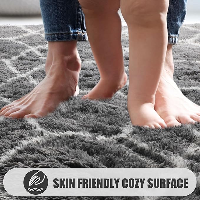 ONASAR 5x7 Area Rugs for Living Room Bedroom, Washable Fluffy Grey and White Faux Fur Bedside Rug, Geometric Boho Soft Plush Shaggy Floor Carpet Mat for Nursery Kids Girls Teen Dorm Home Decor