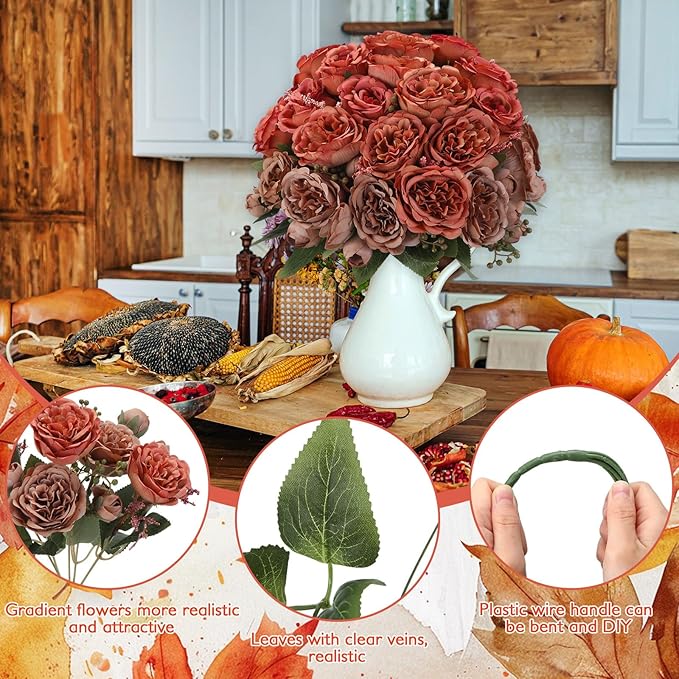 Geosar 16 Bundles Artificial Peonies Flowers Fake Silk Peony Bouquet Faux Peonies Flowers Bulk for Decoration Vase Floral Arrangements Wedding Party Table (Orange,Brown)