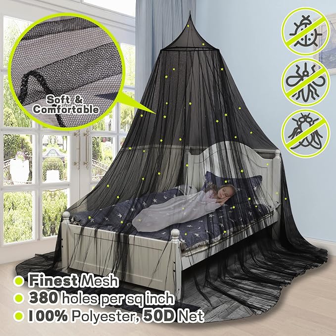 South to East Bed Canopy with Glowing Stars in The Dark, Black Bed Curtains for Kids & Toddler Beds, Twin, Full & Queen, Mosquito Net Canopy for Adult Bedrooms, Easy to Install