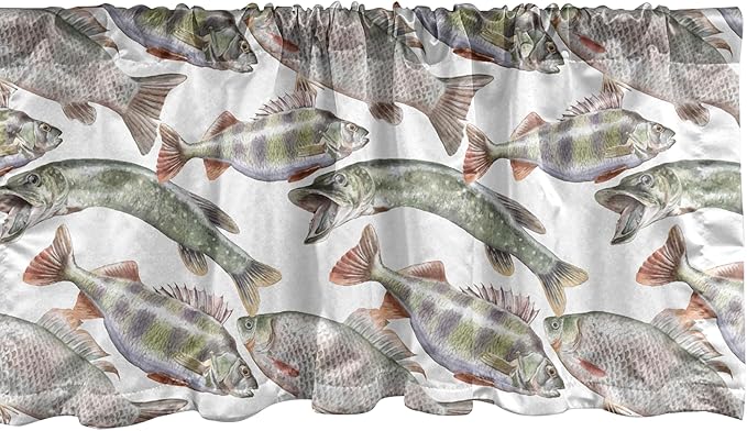 Ambesonne Fishes Window Valance Pack of 2, Watercolor Common Carp Perch and Bass Freshwater Animals Themed Seafood Drawing, Rod Pocket Curtain Valances for Kitchen Bedroom, 42" X 18", Pale Blue Grey