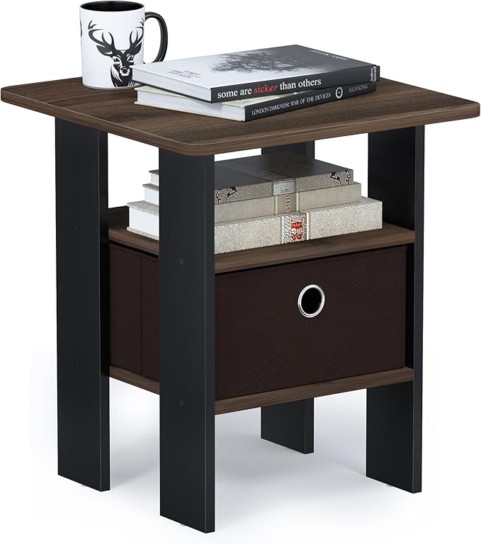 Furinno ANDREY Side Table, End Table, Night Stand with Open Shelves and Storage Bin, Bedside Table, for Living Room, Bedroom, Columbia Walnut