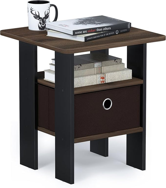 Furinno ANDREY Side Table, End Table, Night Stand with Open Shelves and Storage Bin, Bedside Table, for Living Room, Bedroom, Columbia Walnut