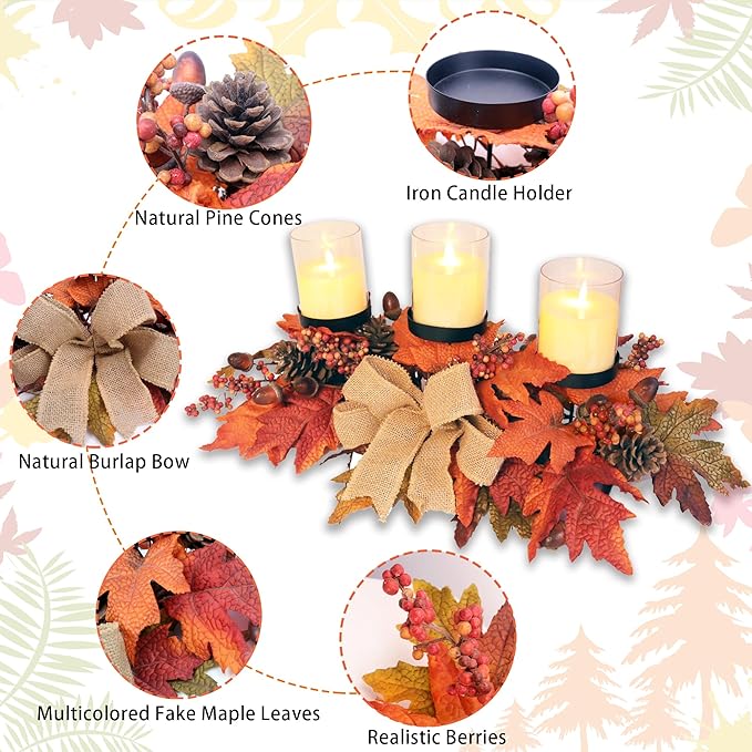 Fall Candle Holder Centerpiece with Maple Leaves, Pinecones, Berries & Burlap Bow,Thanksgiving Table Centerpiece Decoration for Dining Table, Mantel & Autumn Harvest Home Décor