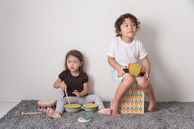 PlanToys Toddler Musical Instruments - Double Drum Set with Drumsticks, Made with Natural Rubber-Coated Fabric and Rubberwood for Motor Skills Development (Orange)