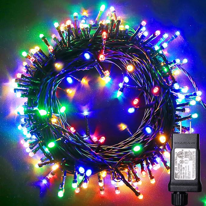 Blingstar Christmas Lights Multicolor 66 Ft 200 LED String Lights 30V Plug in Connectable Twinkle Lights 8 Modes Bright Green Wire Decorative Lights for Indoor Outdoor Xmas Tree Bedroom Holiday Party