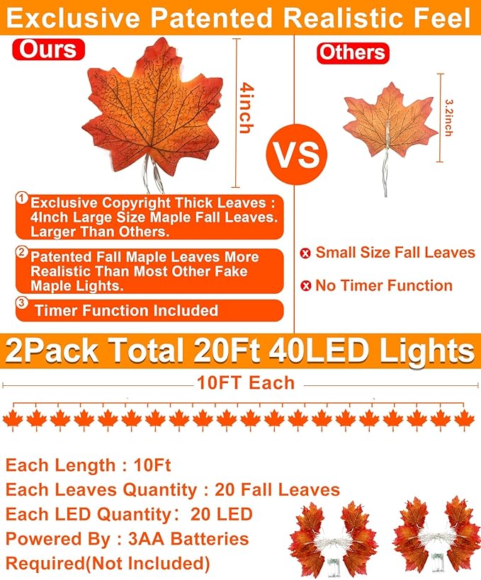 TURNMEON 2 Pack Thanksgiving Decorations Enlarged Maples Leafed Lights Total 20Ft 40LED Fall Decorations for Home, Battery Operated Autumn Garland Waterproof Indoor Outdoor Holiday Thanksgiving Decor