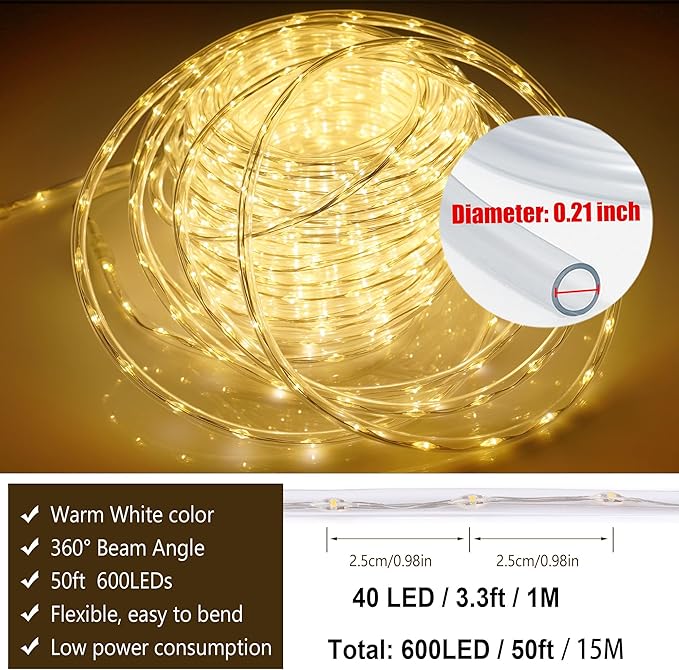 OMIKA 50ft Connectable Outdoor Rope Lights, 600 LED Warm White Strip Light Plug in for Indoor with Waterproof 8 Modes, Outdoor String Lights for Garden, Backyard, Patio, Deck, Pool, Camping Decor