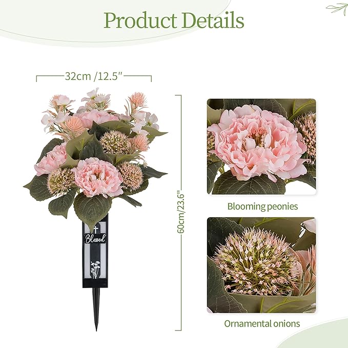 Pink Artificial Flowers for Cemetery : 2 Pcs Peony Grave Flower Bouquets for Cemetery Decorations - Outdoor Gravesite Flowers with Vase