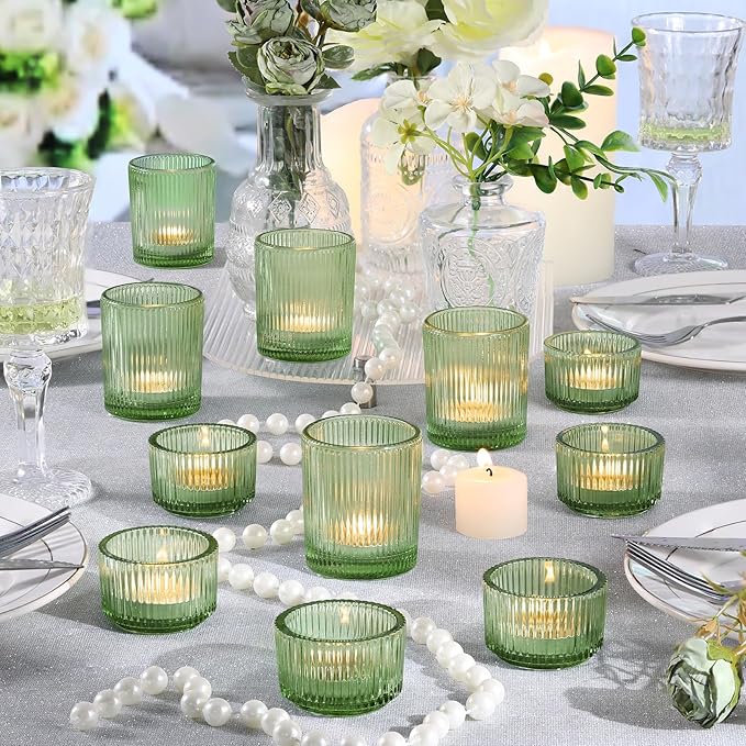 10pcs Ribbed Green Votive Candle Holders for Wedding Table Decor, Assorted Tea Light Candle Holder Glass, Green Candle Holders for Table Centerpieces, Brithday and Tea Party Decorations