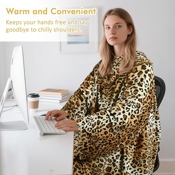 Catalonia Wearable Fleece Blanket with Sleeves and Foot Pockets for Adult Women Men, Micro Plush Comfy Wrap Sleeved Throw Blanket Robe Large, Cheetah