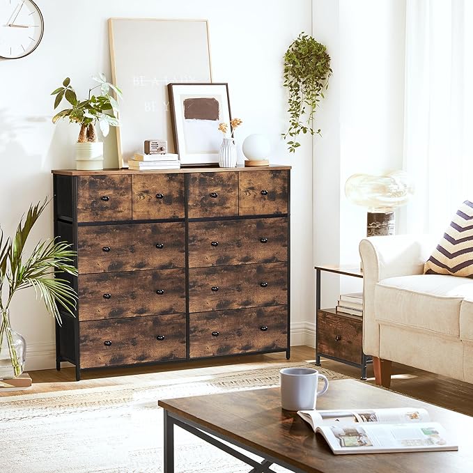 SONGMICS10 Drawers Wide Dresser, 10 Drawers 10-Drawer Dresser Storage Tower, Metal Frame, Wooden Top and Front, Fabric Drawers, 10 Drawers Brown and Black ULGS145B01
