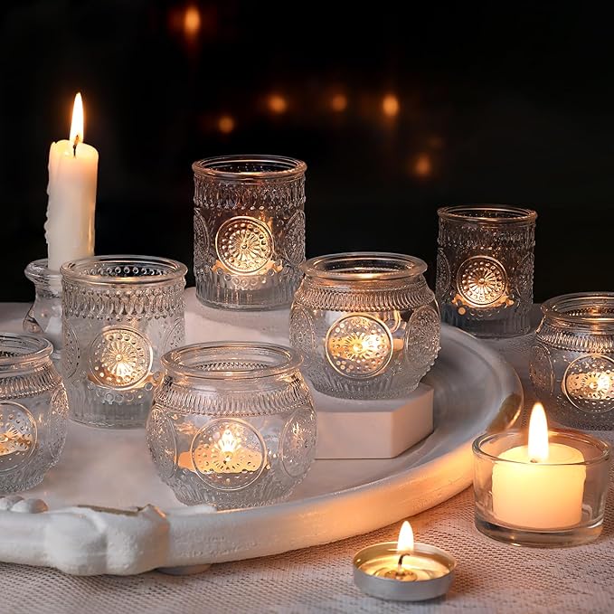 DARJEN 12Pcs Clear Votive Candle Holders - Glass Tea Light Candle Holder, Clear Votives, Embossed Candle Votives for Wedding Centerpiece & Home Decoration