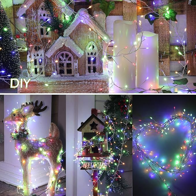 Fairy Lights Plug in, 10Ft 200LED Firecracker Firefly Lights with 8 Mode, Waterproof Silver Wire Cluster Starry String Lights for Ceiling Bedroom Window Wedding Christmas Tree Decoration, Multicolor