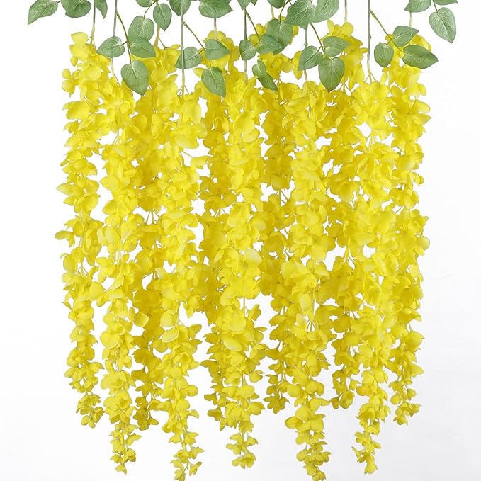 mizii 6Pcs Yellow Wisteria Hanging Flowers 48" Silk Wisteria Artificial Flowers Garland Vines Fake Hanging Flowers Decoration for Wedding Flower Wall Backdrop Centerpieces Party Room Decor (Yellow)