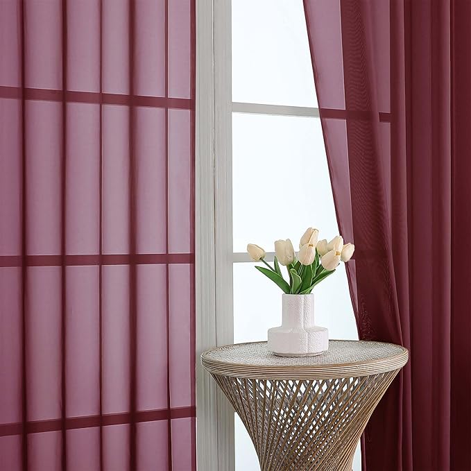 OWENIE Burgundy Sheer Curtains 120 Inches Long 2 Panels Set, Airy Lightweight Sheer Burgundy Curtains for Living Room Bedroom, Farmhouse Filmy Rod Pocket Drapes, 2 Pcs, Each 59" Wx120 L Inch