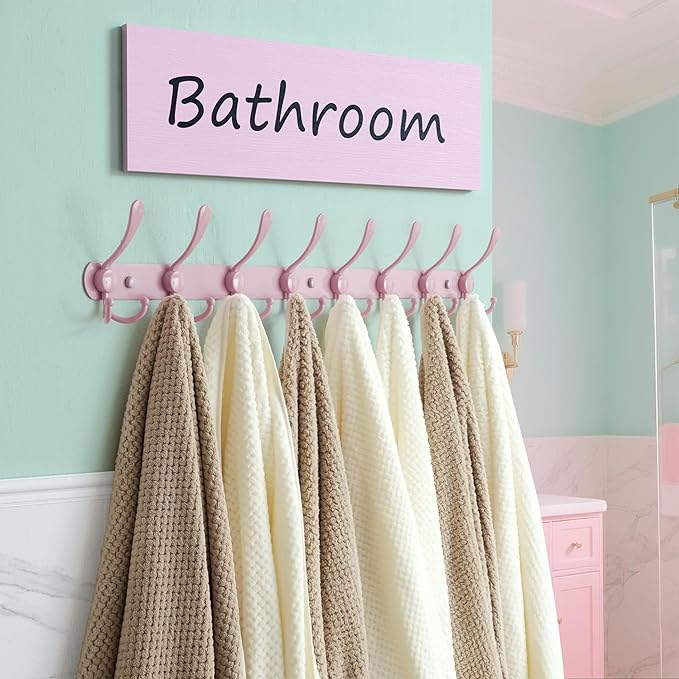Dseap Coat Rack Wall Mount - 29.5” Long 8-Tri-Hooks Heavy Duty Coat Hanger Rail Wall Hooks for Hanging Coats Hats Clothing Clothes Purse Mudroom Entryway, Pink