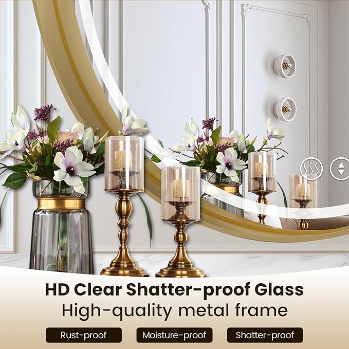Gold Round Mirror 28 Inch, Metal Framed Frontlit Bathroom Mirror, Circle Mirrors for Wall, Led Light Mirror with Anti-Fog, Memory Function, 3 Color Temperature, Dimmable Makeup Mirrors