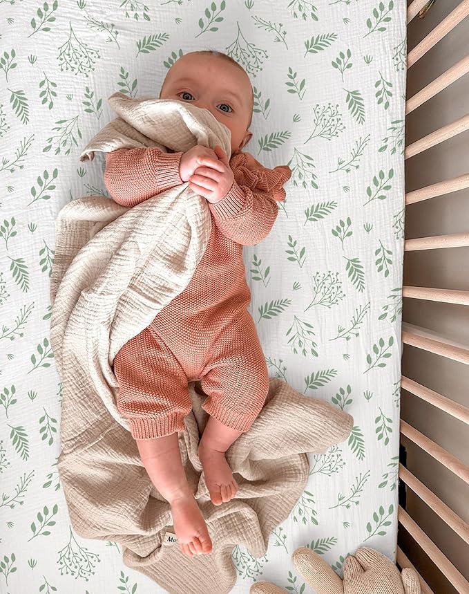 Muslin Bedside Bassinet Sheets 2 Pack, 33x20 Fitted Ultra Soft & Breathable Bedside Sleeper Sheets, Ideal for Baby Girl and Boy, Perfect for Newborns (Fern Leaf & Sage)