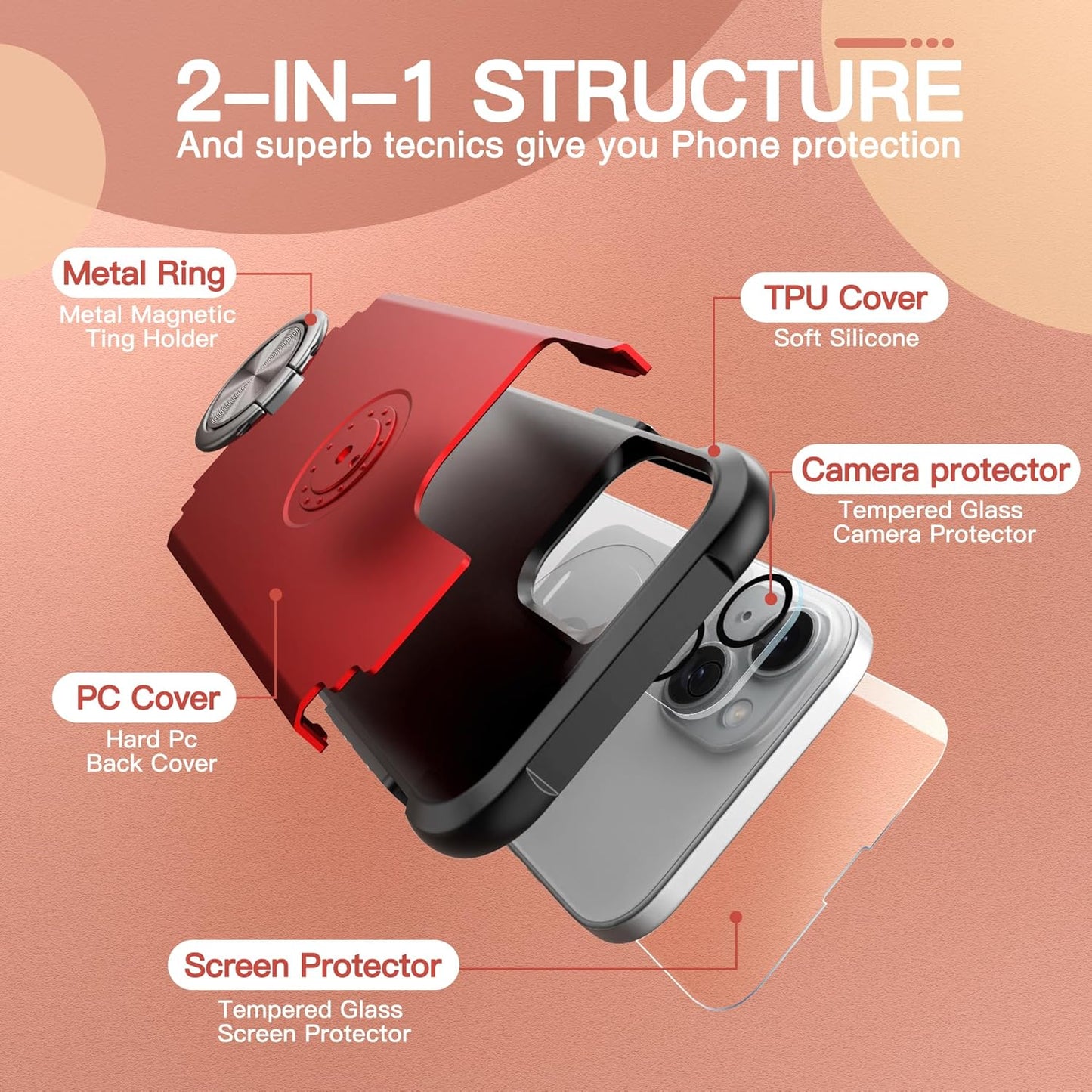 IDweel iPhone 14 Plus Case: 2-in-1 Shockproof Cover with Screen Protector, 360° Ring Holder, Camera Lens Protector, Red.